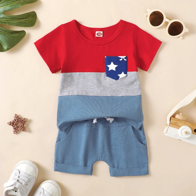 

Fourth of July Toddler Boys Clothing Set Patriotic American Flag Short Sleeve T-shirt and Elastic Waist Shorts Summer Outfit