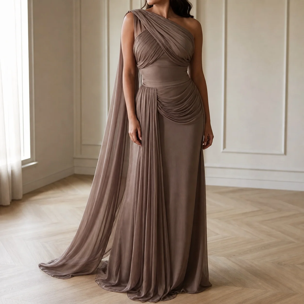 Women's Elegant Pleated Satin Gown for Wedding Guest Summer Party, Sleeveless Ruffle Long Train Mid Waist Machine Embroidery