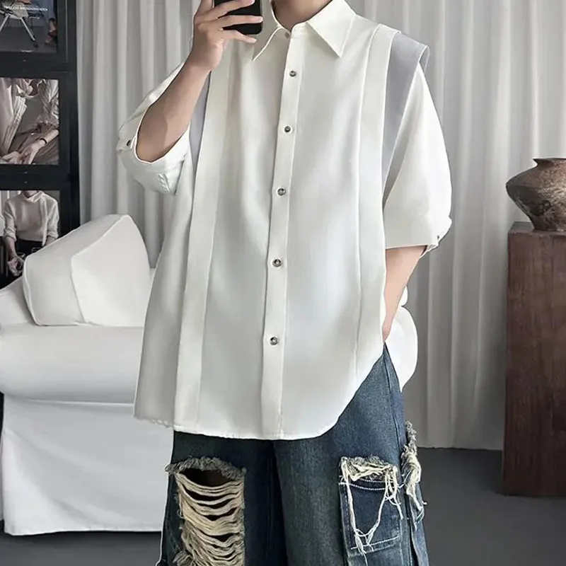 Men's Fashion Splicing T-shirt Summer Lapel Single breasted Mid Sleeve Shirt American Casual Loose Simple Color Contrast Tees