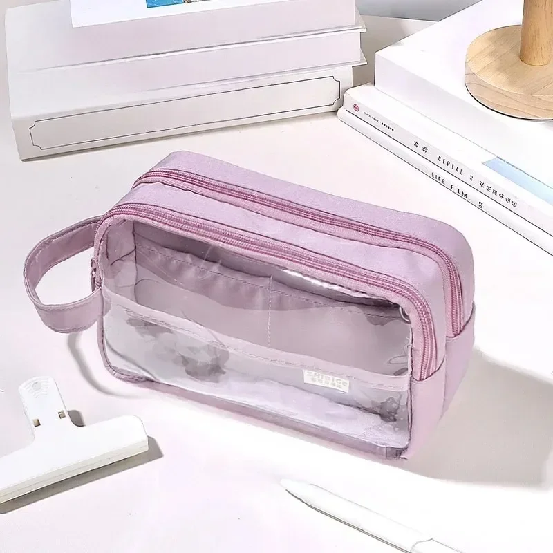 Estuche de gran capacidad para bolígrafos, bolsa de soporte de papelería coreana, bolsa de lápices transparente, Linda bolsa de lápices con