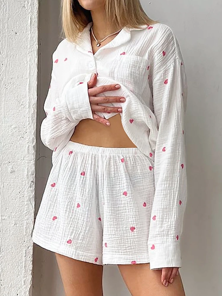 Linad Loose Women\'s Home Clothes 2 Piece Sets Print Long Sleeve Sleepwear Female Cotton Suits With Shorts Summer Casual Pajamas