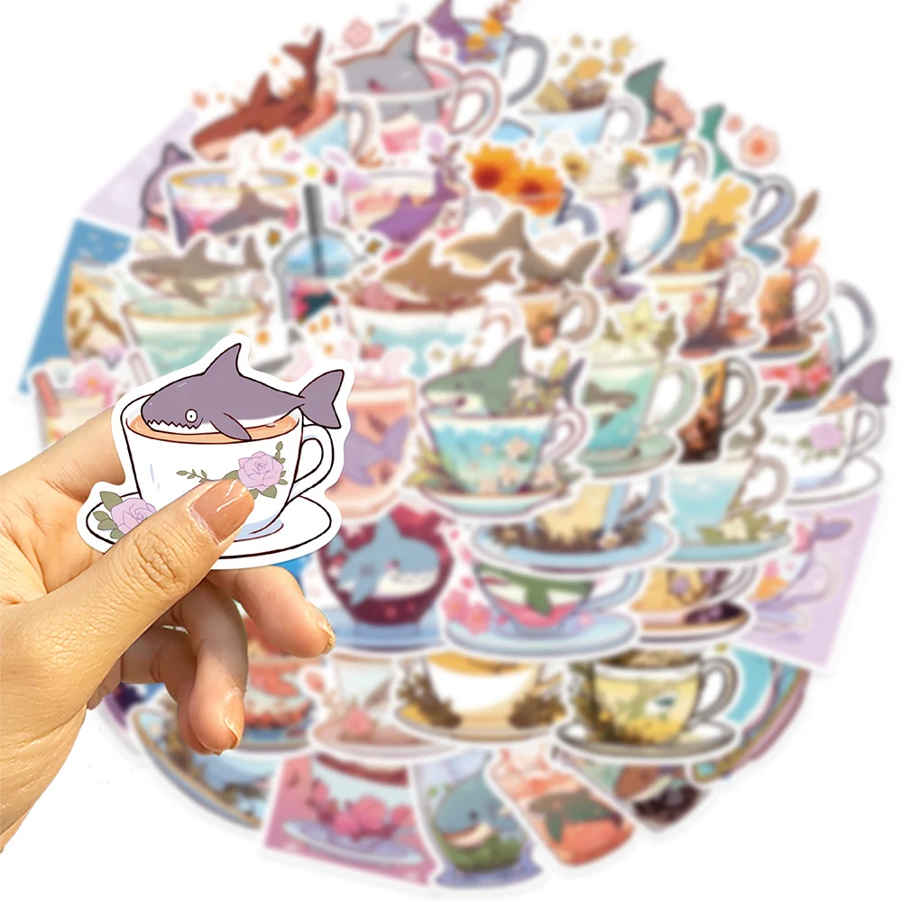 10/30/50pcs Cute Shark Cup Cartoon Stickers Decals Waterproof Graffiti Stationery Phone Case Diary Kawaii Kids DIY Sticker Toys