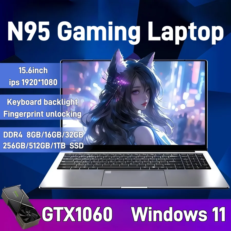 15.6 "intel N95 GTX1060 laptop da gioco computer portatile notebook pc 32 GB DDR4 1 TB SSD Windows11 laptop Gamer tastiera retroilluminata