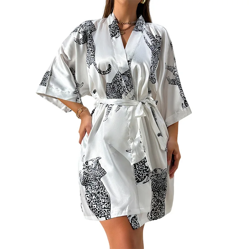 Robe de Nuit Sexy en Satin pour Femme, Col en V, avec Ceinture, Kimono Court, Vêtements de Nuit, Peignoir de Demoiselle d'Honneur