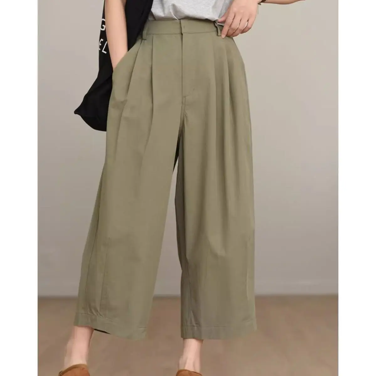 Calças de trabalho de perna larga femininas verão solto versátil calças casuais cintura alta nove centes calças