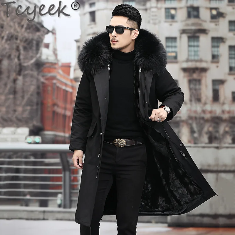 

Tcyeek Real Mink Fur Mens Parka 2023 Winter Jackets for Men Clothes Over Knee Fashion Warm Fur Coat Hood Raccoon Dog Fur Collar