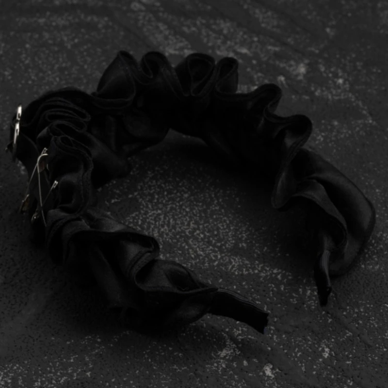 Original Handmade Gothic Lolita Hair Hoop Y2k Black Metal Buckle Ruffles Headwear Girls Harajuku Sweet Headband Accessories Gift