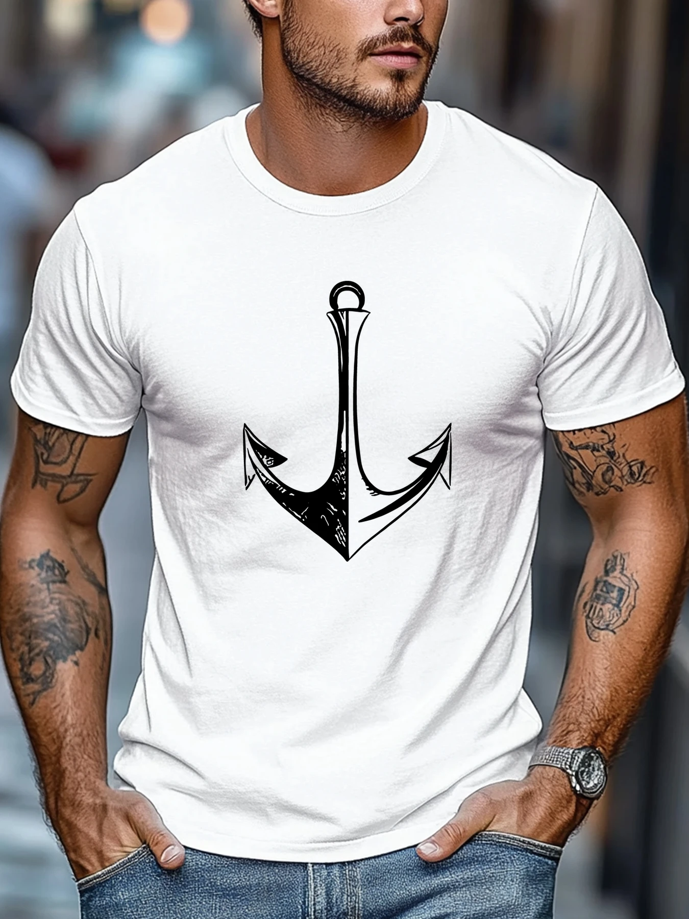 Men Navy Crew Neck Tee White Vintage Line Anchor Silhouette Nautical Ocean Sailor Minimal Sea Theme Soft Cotton Male Casual Tops