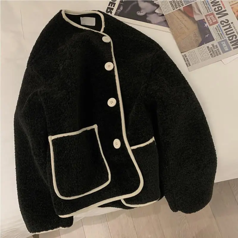 Women Autumn Winter Warm Teddy Coat Berber Fleece Round Collar Short Jacket Plush Outerwear Female Fashion Streetwear Clothes