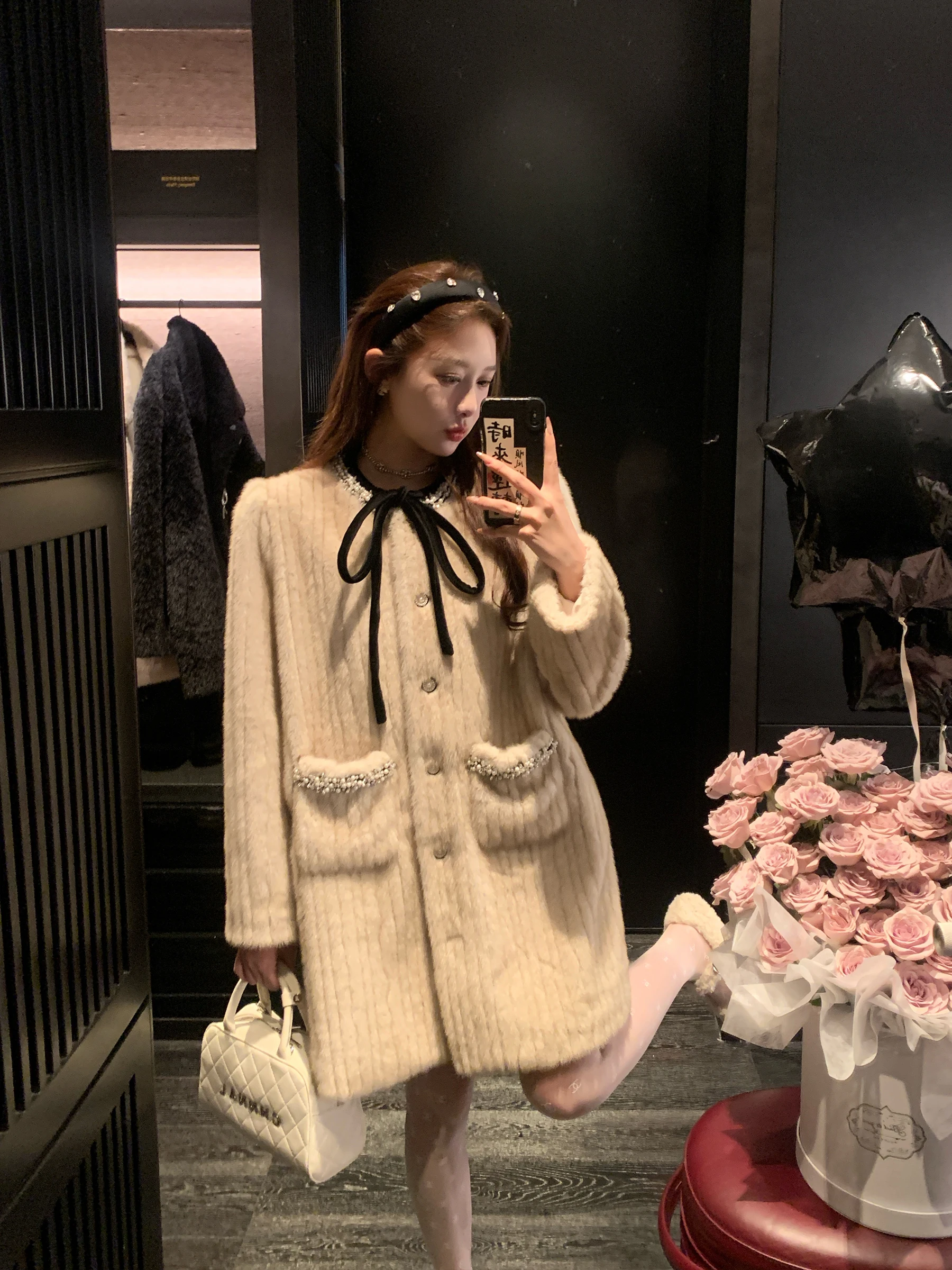 

Экологичная женская шуба средней длины с галстуком-бабочкой, летняя домашняя женская осенне-зимняя верхняя одежда Faion Thiened Long Sve