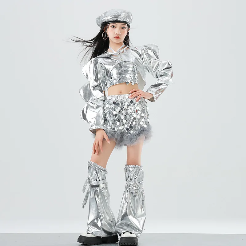 Girl Jazz Dance Costume Silver Sequin Model Fashion Runway Street Dance Stage Technology Sense Performance Costume Set