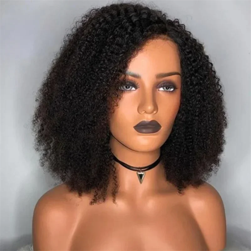 

Soft 16inch 180 Density Short Bob Natural Black Glueless Kinky Curly Lace Front Wig For Women BabyHair Heat Resistant Preplucked