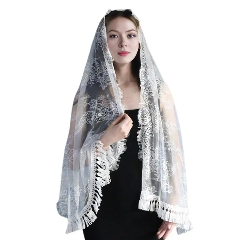 39BD Elegant Spanish Lace Mantilla Veil for Catholic Church Vintage Latin Mass Head Covering Fringed Flower Veil Headscarf