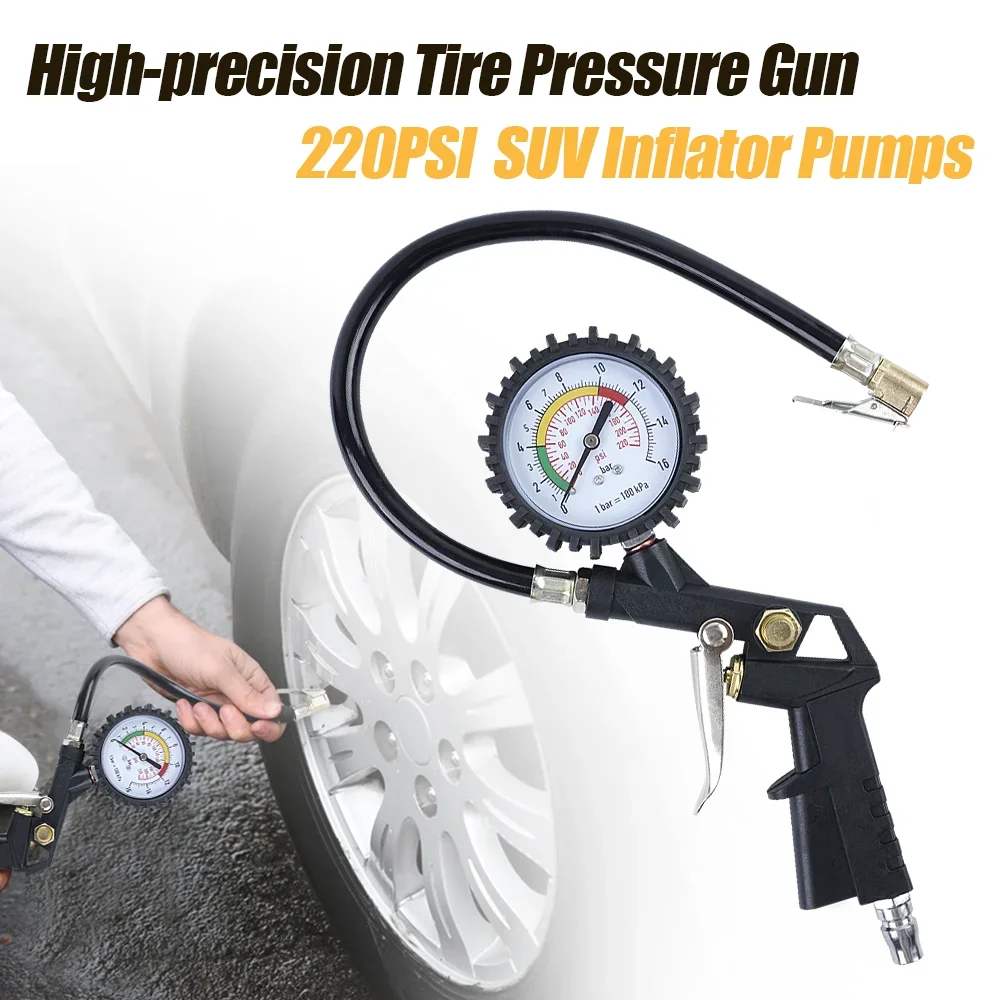 220PSI Tire Pressure Gauge High-precision Easy Pressure Regulation Rubber Hose Durability For Car SUV Motorcycle Inflator Pump