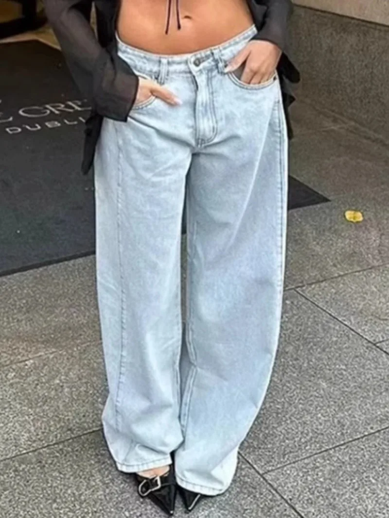 Hot Girl Vintage High Waist Pleated Wide Leg Long Baggy Pants Women Jeans Autumn Washed Loose Casual Straight Denim Trousers