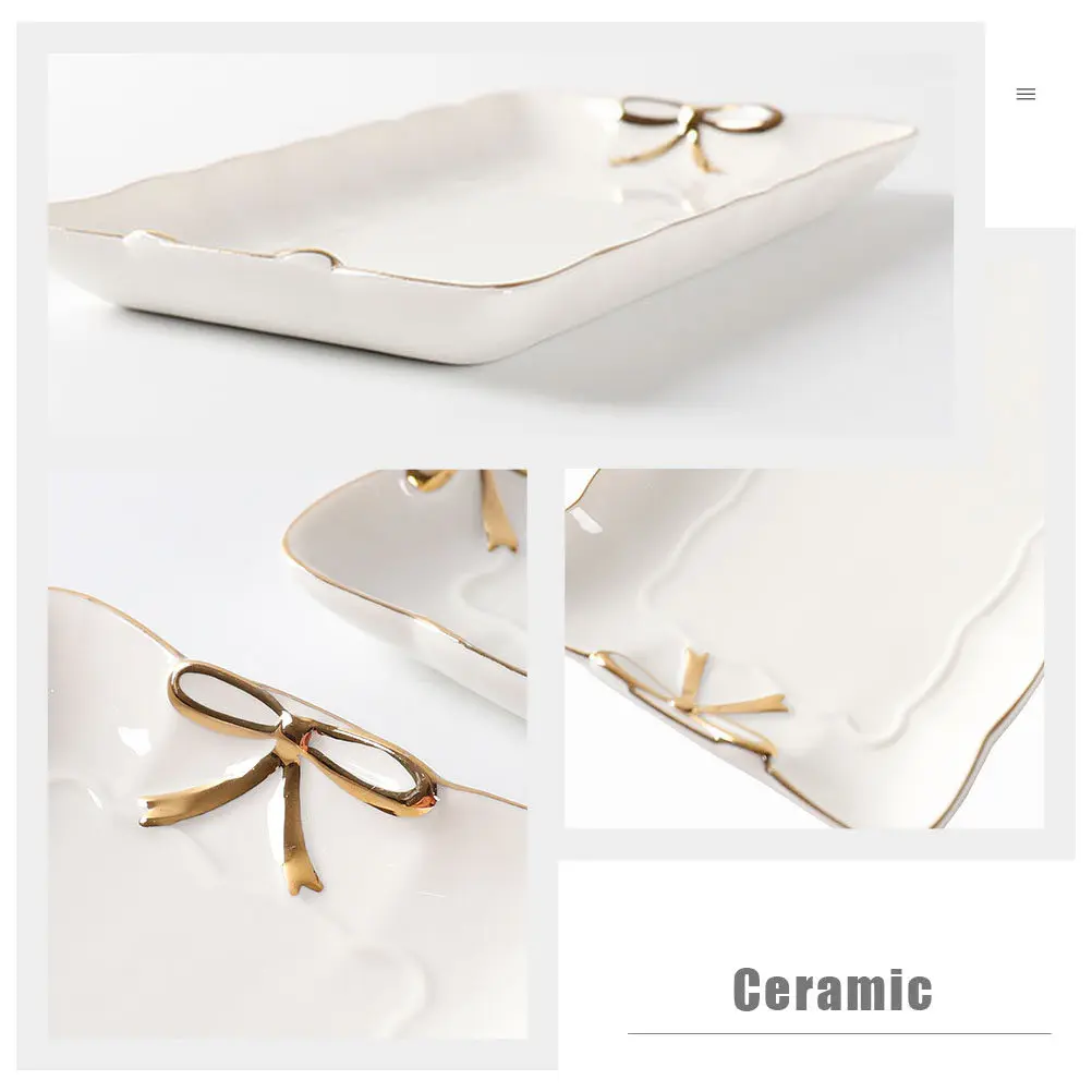Premium Ceramic Jewelry Tray Bow Embellished Dessert Plate Serving Dish for Cake Fruit Snacks Appetizers Home Decor Countertop