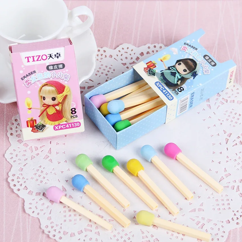 8 PCS/pack Cute Kawaii Matches Eraser Lovely Colored Eraser for Kids Students Kids Creative Item Gift