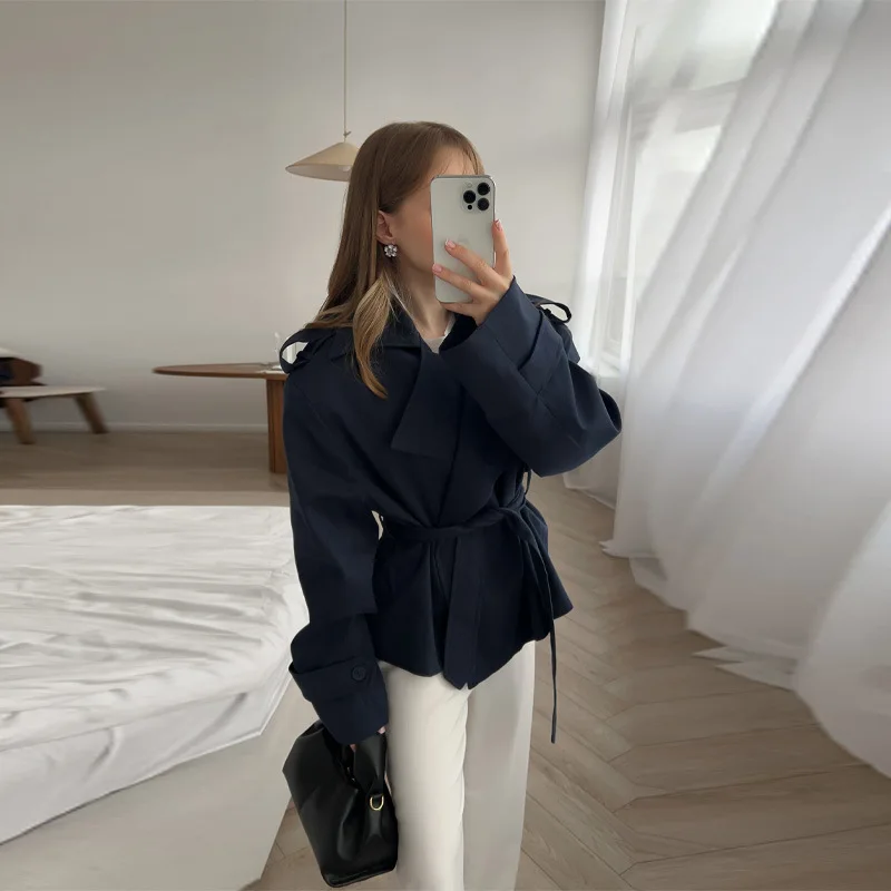 

New Temperament Commuting Solid Color Belted Short Jacket Windbreaker Coat 2025 Spring and Autumn