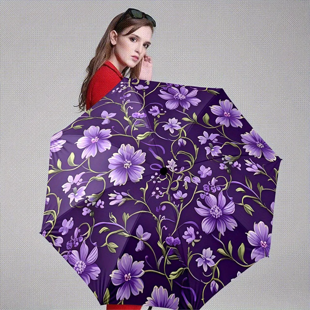 

Automatic Open/Close Folding Umbrella with Large Purple Floral Pattern - Compact Travel Umbrella, Sturdy 8-Rib Shaft, Elegant