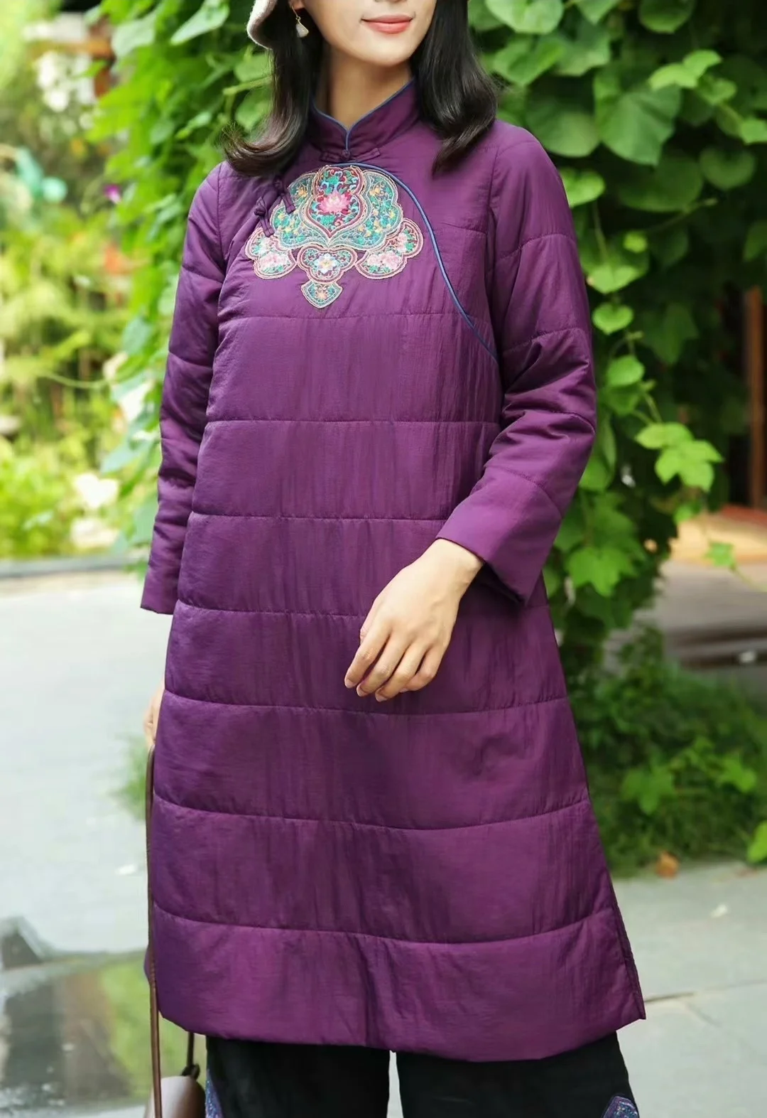 Chinese style Winter coat Women's Purple long padded jacket  Vintage embroidery quilted coat luxury winter outwears