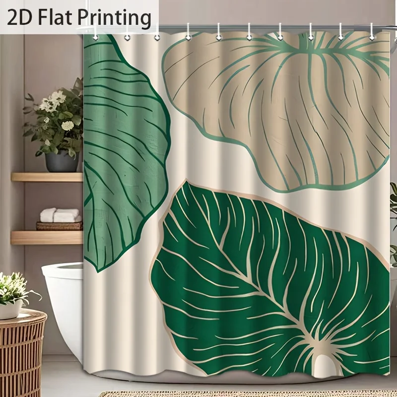 1pc with Hook, Elegant Beige with Green Abstract Large Leaf Pattern 2D Flat Shower Curtain, Machine Washable, High-End Elegant B