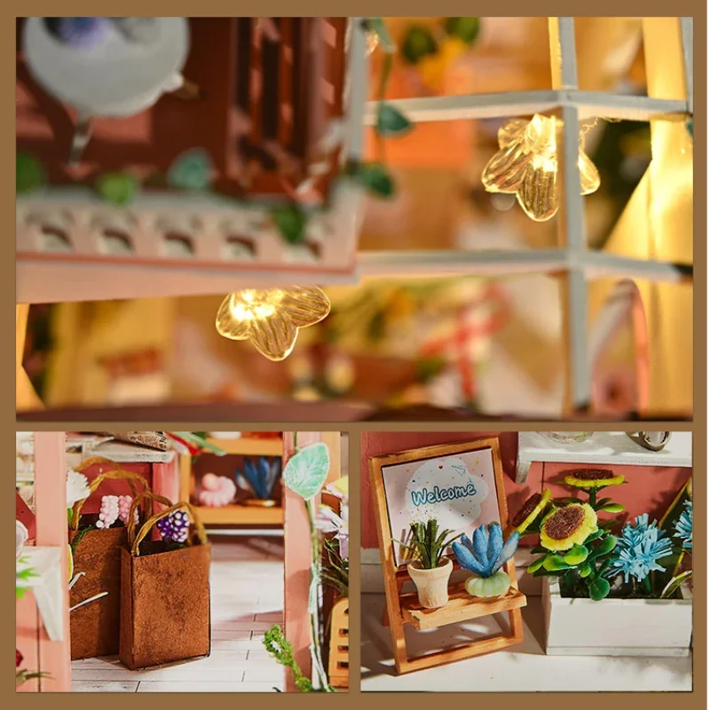 Maison de fleurs étoilées de Micro World, scène de cabine faite à la main, bricolage, modèle de petite maison, assemblage d'art, cadeau d'anniversaire pour fille, animation