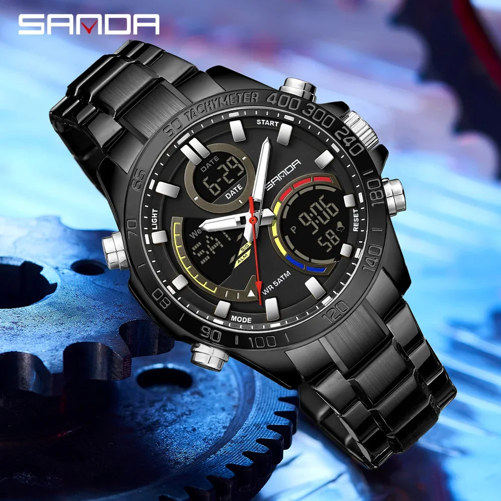 2025 Sanda 6269 Orologio elettronico cool Sveglia impermeabile Orologio da uomo di tendenza alla moda con cinturino in acciaio multifunzionale