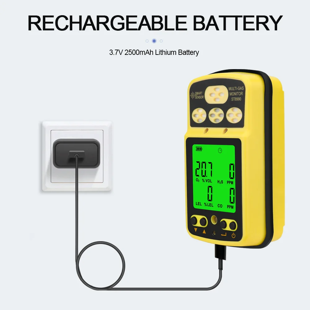 Imagem -05 - Detector de Gás Recarregável com Função de Alarme de Retroiluminação Analisador de Alarme o2 Lel co H2s em St8990