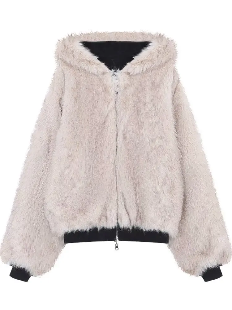 เสื้อแจ็คเก็ตหนังแท้สไตล์อเมริกันย้อนยุคแบบสองด้าน บุขนนกอินทรี สำหรับผู้หญิง ฤดูหนาว  ผ้าฝ้ายขนสัตว์  ปกปิดหน้า  รักษาสิ่งแวดล้อม