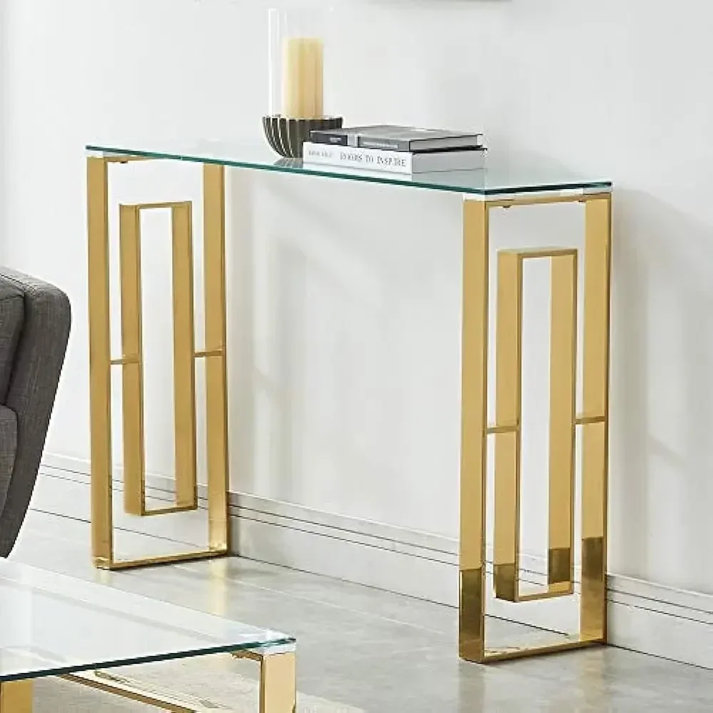 

Console Table Stainless Steel Glass, 15.75" D x 47" W x 30.5" H, Gold,Clear