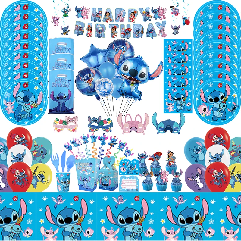 Disney Stitch Birthday Party Decoration Tableware Tablecloth Backdrop Banner Paper Cups Plate Blue Pink Balloons Baby Supplies