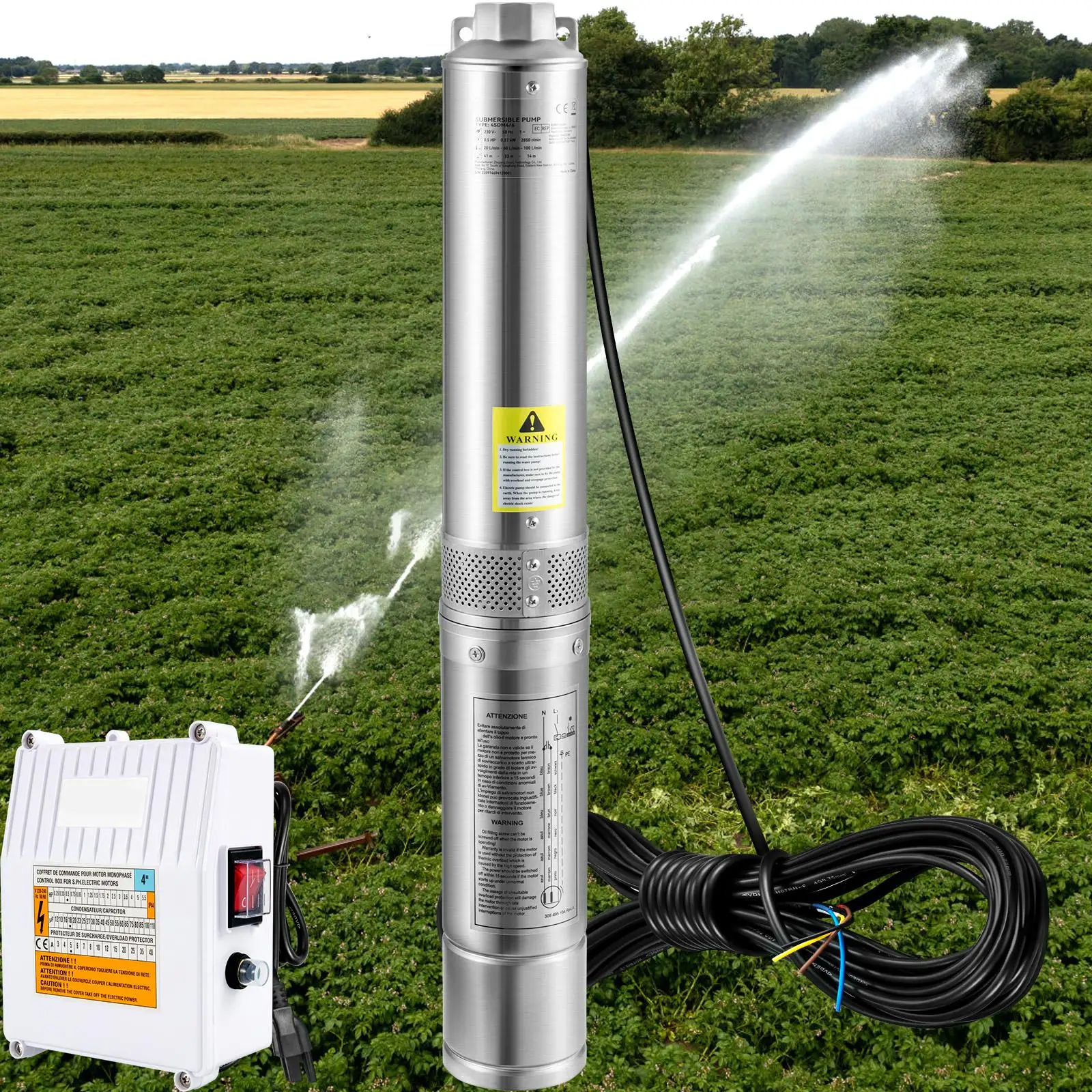 Deep Well Submersible Pump  230V/60Hz 37GPM 427 ft Head 33 ft Cord 4 inch Stainless Steel Water Pump with External Control Box IP68 for industrial Irrigation Home Use