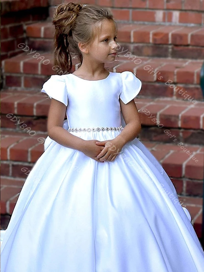 웨딩용 비즈 장식 새시 새틴 리본 공주 드레스, 맞춤형 어린이 성찬 파티 볼 가운, 캡 슬리브 플라워 걸 드레스