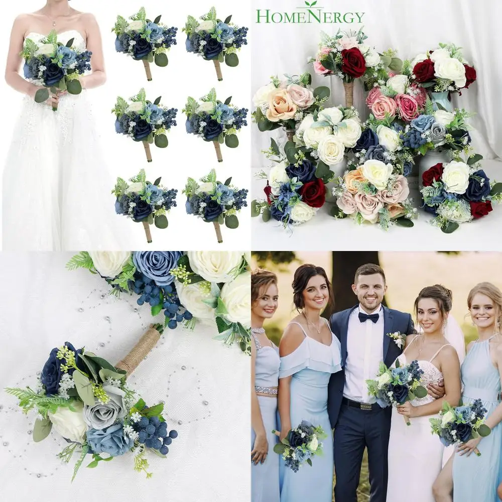 

6-piece Navy Blue & White Artificial Bridal Bouquets - 7 for Weddings, Anniversaries & Decor