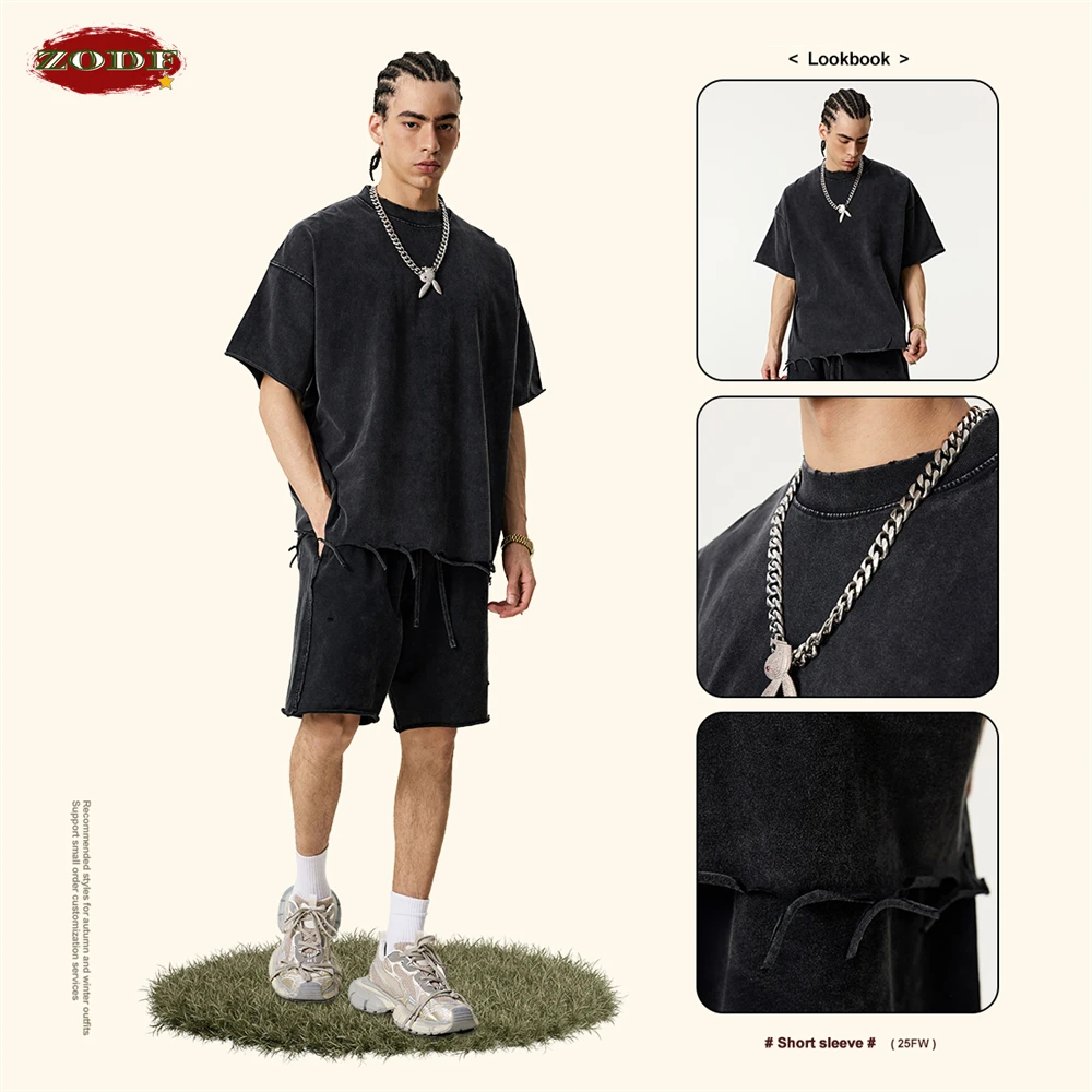 ZODF High Street 2025 Summer Solid Cotton T-shirt For Men Unisex Retro Broken Edge Oversized Washed T Shits Brand Tees HY0983