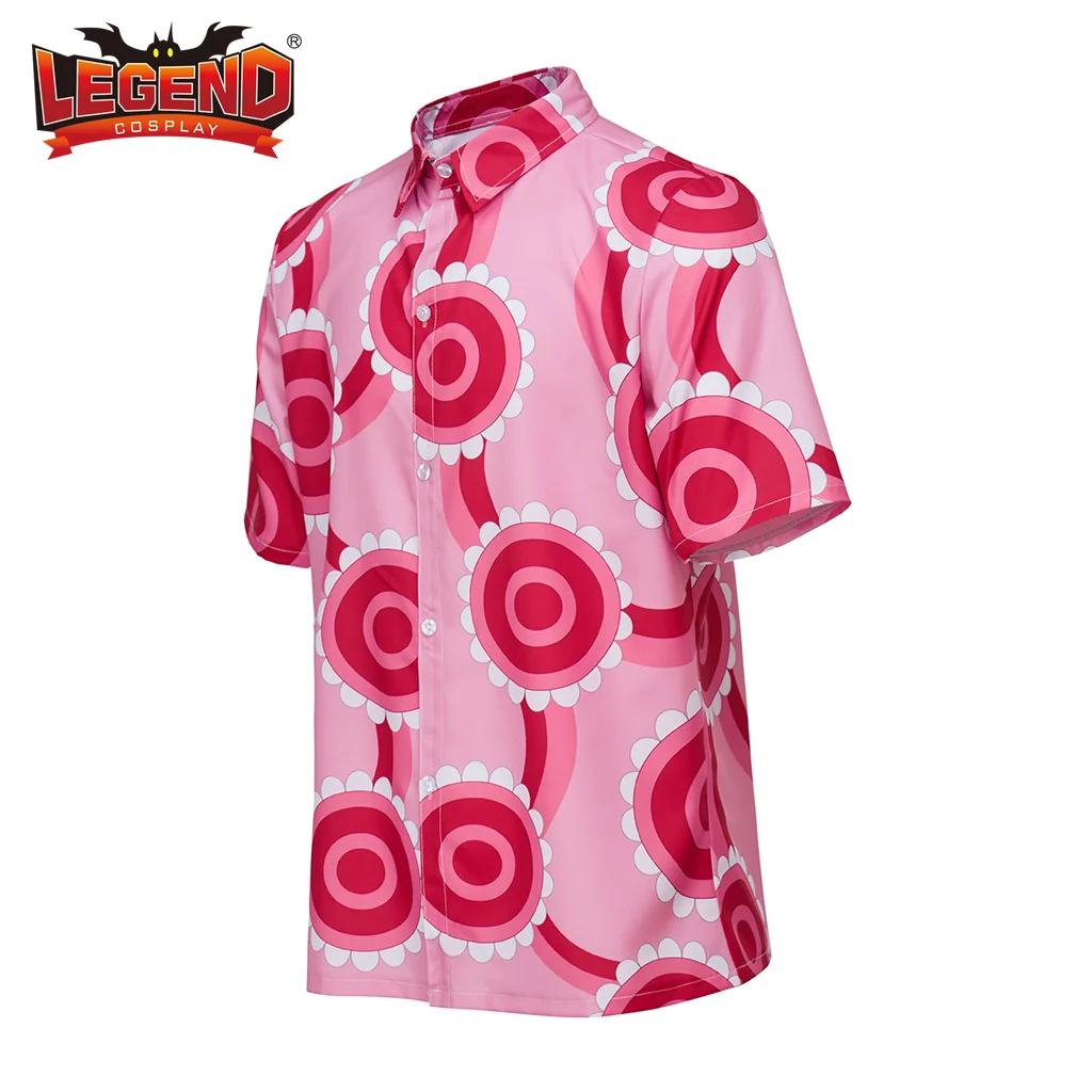 Sanji Cosplay Costume Pink Shirt Top Vinsmoke Sanji Cosplay T Shirt Mens Short Sleeve Button Down Shirts Outfit Adult