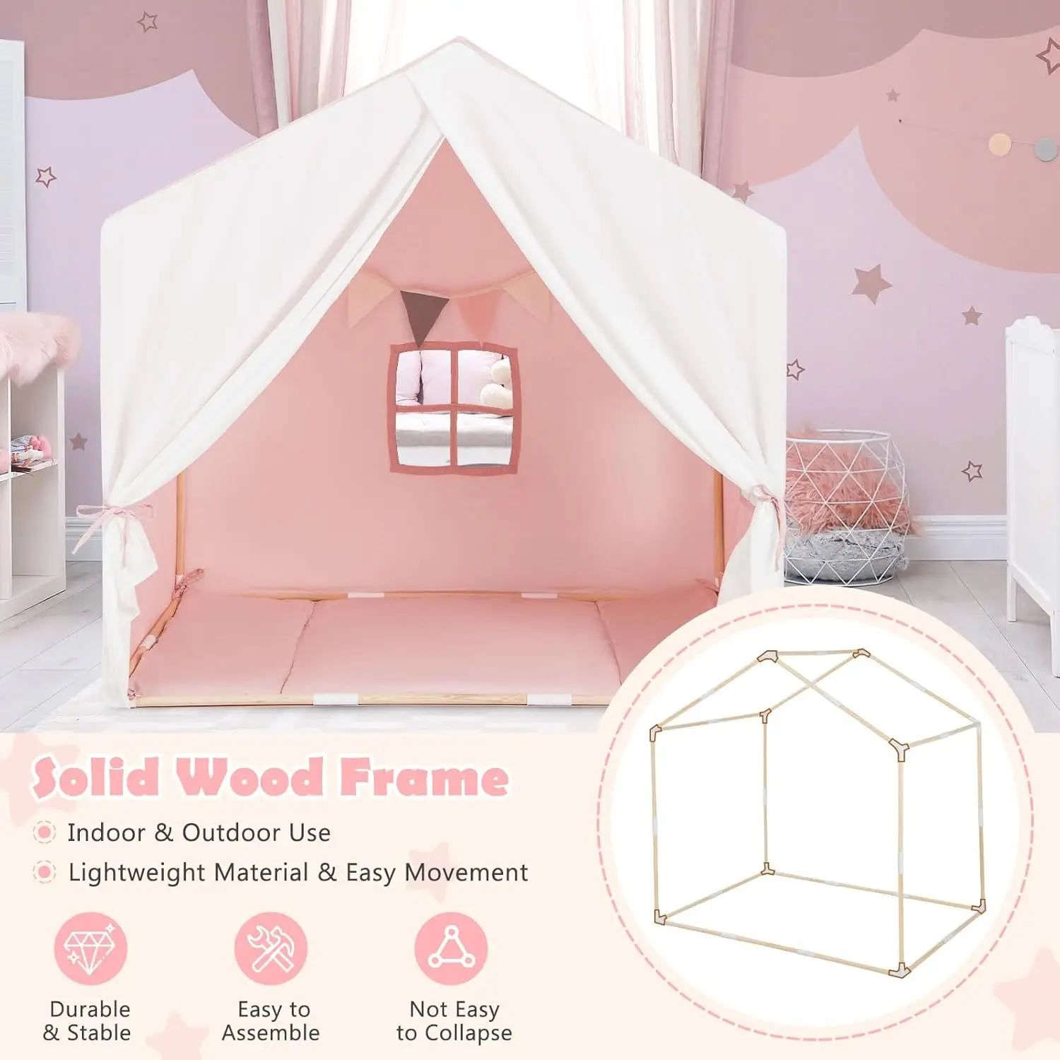 Tenda da gioco per bambini, casette da gioco per bambini con tappetino, finestre, tende, struttura in legno massello, 52"x36"x52", grande Prin per bambini