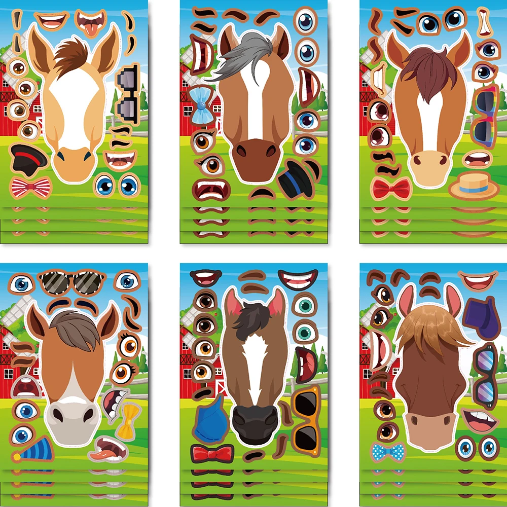 6/12 lembar Elf Horse kartun membuat wajah Puzzle stiker anak-anak DIY Jigsaw mainan anak laki-laki Grils lucu merakit permainan dekorasi pesta