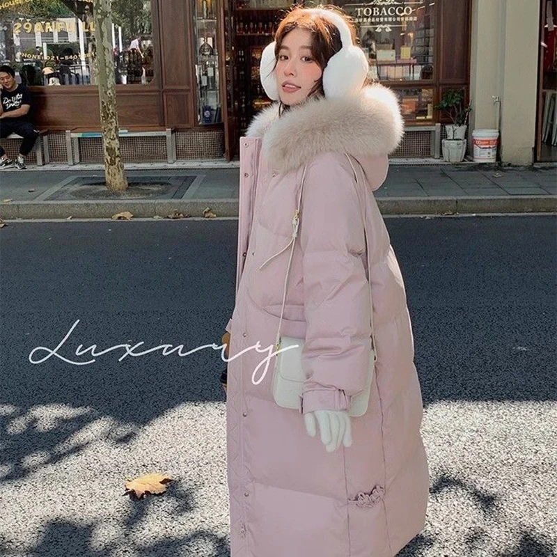 Faux Fur Collar Hooded Down Cotton Coats Winter Snow Wear Mid-length Parkas Tops Casual Chaqueta Korea Loose Warm Women Casaco