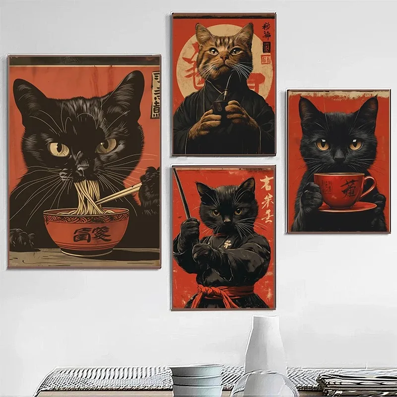 Japanese Edo Style Black Cat Eating Noodles Drinking Tea Posters and Prints Canvas Printing Wall Art Picture for Room Home Decor