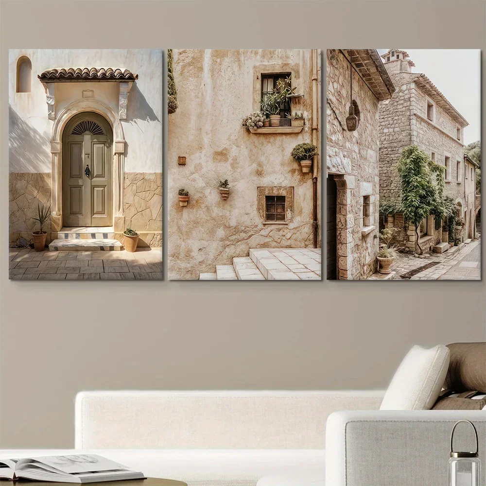 3PCS frameless Multi-size   high-definition decorative paintings,3PC, Mediterranean style retro porch canvas decorative painting