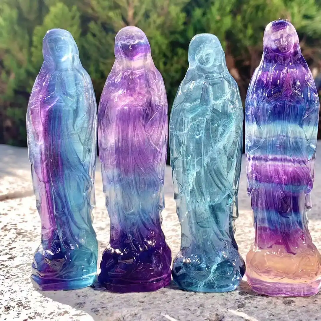 10cm Rainbow Color Green Purple Fluorite Crystal Virgin Mary Statue Mother of God Carvings From Natural Stones Madonna Decor