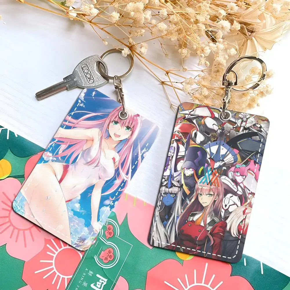 Anime DARLING In The FRANXX Rectangle ID Card Case Keychain Access Card Bag Key Tag Ring Leather Card Holder Key Ring Access