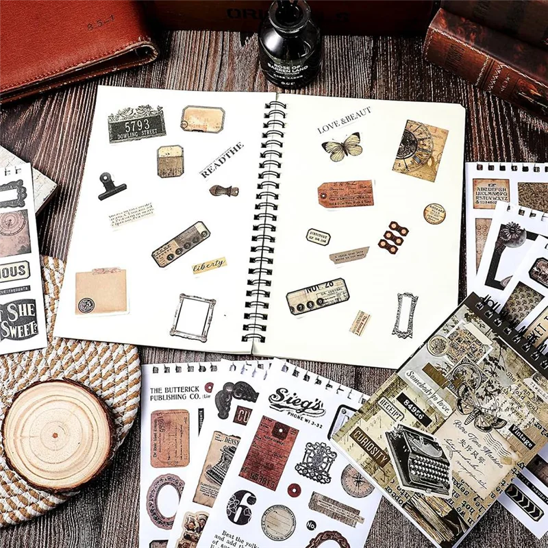 

A13E-50 Pcs Vintage Journaling Scrapbooking Supplies Scrapbook Sticker, Brown Pre-Cut Vintage Washi Sticker Book