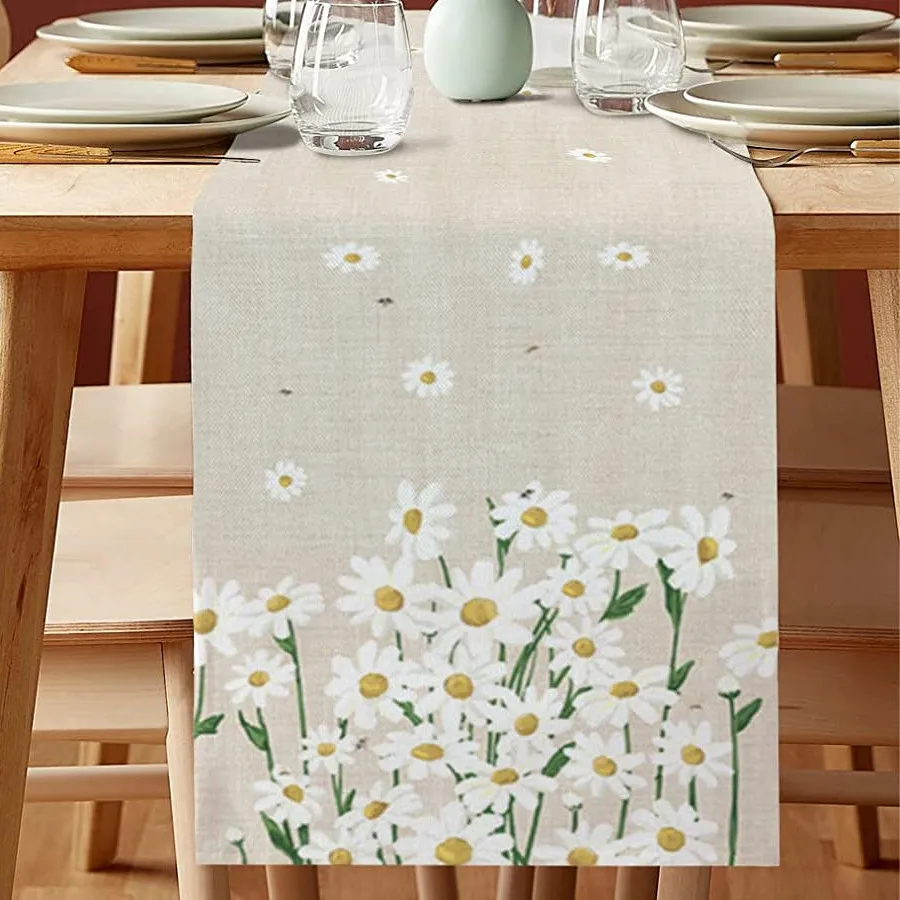 

Fresh Style White Daisy Table Runner, Rustic Cotton Linen Wedding Party Dining Runner Placemat Home Kitchen Decor