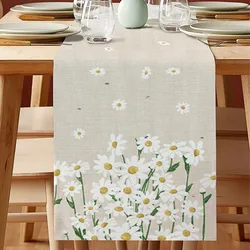 Fresh Style White Daisy Table Runner, Rustic Cotton Linen Wedding Party Dining  Runner Placemat Home Kitchen  Decor