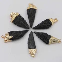 6PCS Natural Black Tourmaline Raw Stone Fan Pendants Charms Healing for Necklace Jewelry Making Wholesale 6Pcs