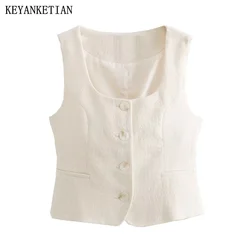 KEYANKETIAN Autumn New Women's Tweed Texture Waistcoat Slim Vest French Style Square Collar Single Breasted Sleeveless Crop Top