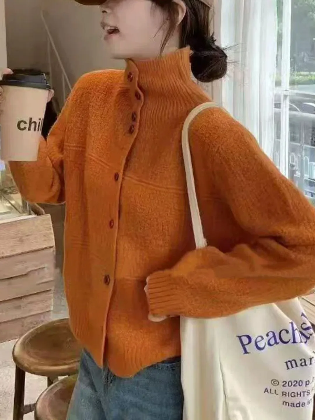 Soft Cozy Orange High Collar Knitted Sweater Jacket Women's Spring Autumn New Lazy Style Slimming Knit Open Cardigan Top
