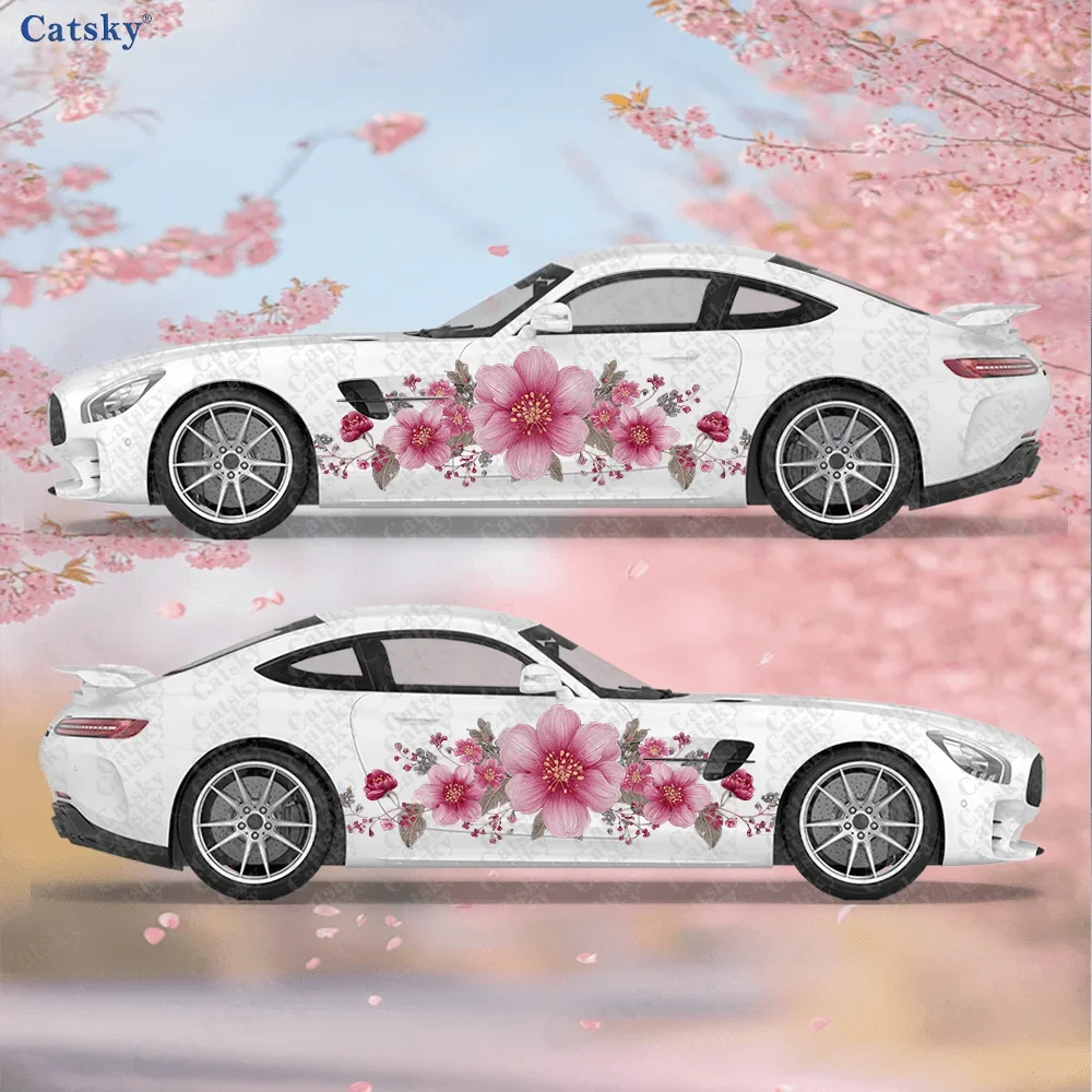 2pcs Beautiful pink large floral sticker, suitable for cars and trucks, durable, fade-resistant, easy to install and remove - En